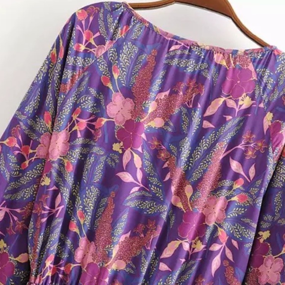 Purple Boho Floral Gypsy Print Dress Long Sleeve - Picture 11 of 16